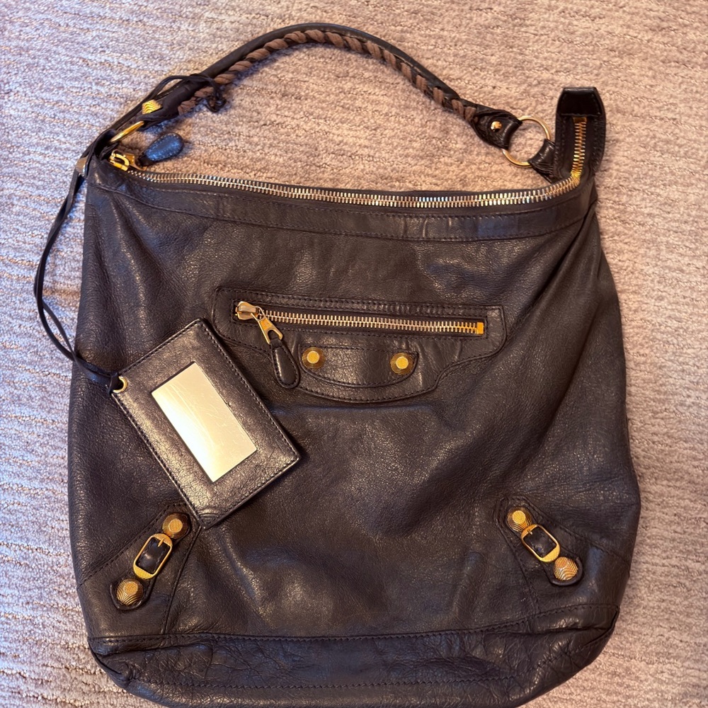 Gray Anthracite Balenciaga Day Bag with Giant Gold Hardware